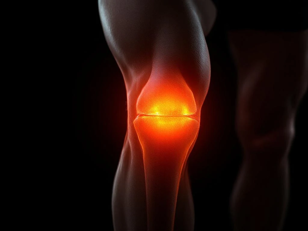 Knie met oranje-rode gloed op knieschijf die pijn of ontsteking visualiseert tegen zwarte achtergrond