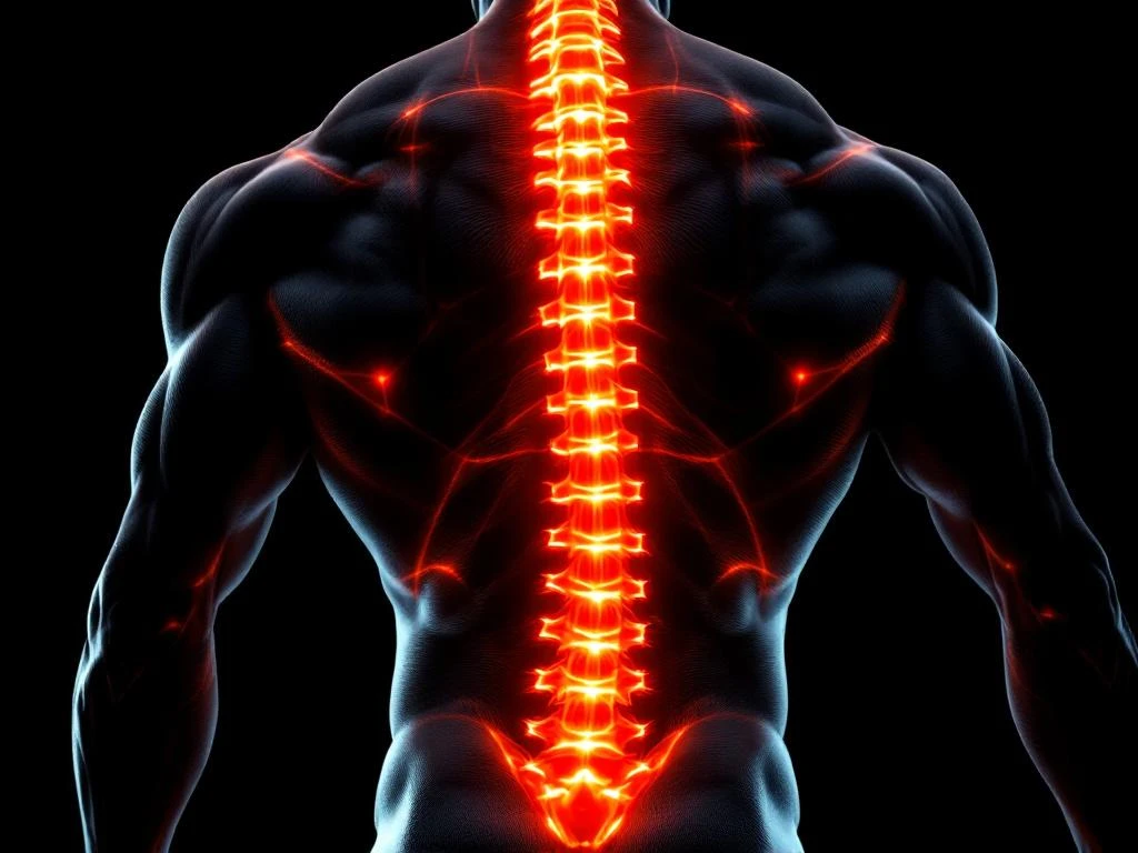 Gespierde onderrug met verlichte wervelkolom en erector spinae spieren tegen zwarte achtergrond