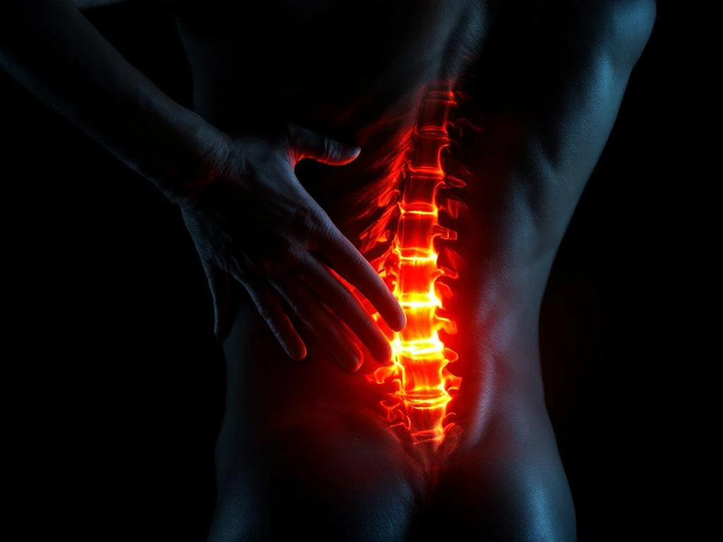 Persoon raakt onderrug aan met hand, verlicht in oranje licht tegen zwarte achtergrond, toont lumbale pijnzone


---

**Tokens Used**: 346
 - **Input**: 298
 - **Output**: 48

**Cost**: $0.00042
 - **Input Cost**: $0.000298
 - **Output Cost**: $0.000122