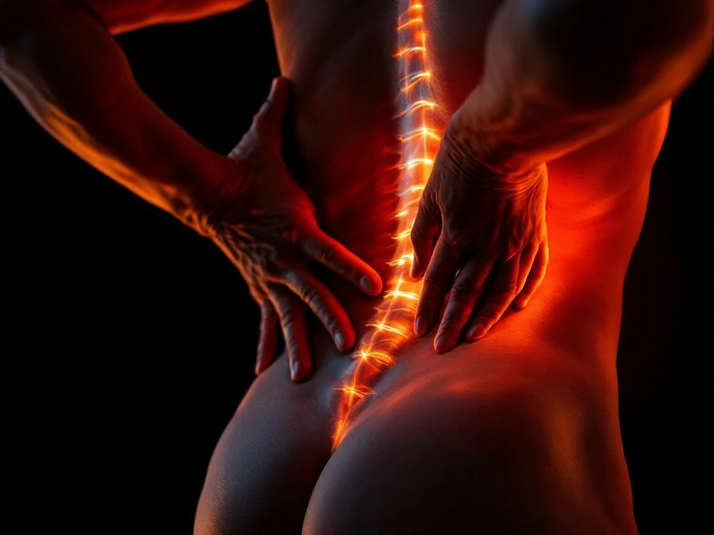 Hand masseert onderrug met gespannen spieren, zijdelings belicht tegen zwart-oranje achtergrond