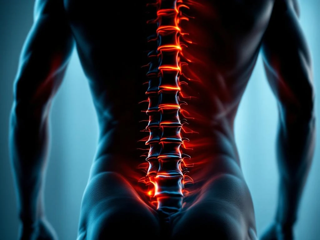 Onderrug met gespierde spanning in oranje-rood licht en zwarte schaduwen die pijn en beperkte beweging tonen