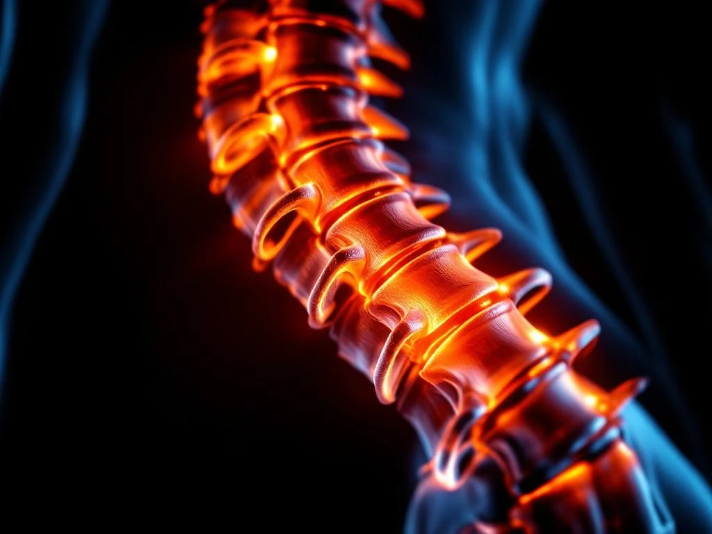 Menselijke lumbale wervelkolom in zijaanzicht met oranje gemarkeerde gecomprimeerde wervels op zwarte achtergrond