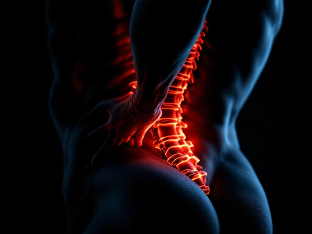 Onderrug met verlichte wervelkolom in oranje tegen zwarte achtergrond, anatomisch detail van lumbale regio