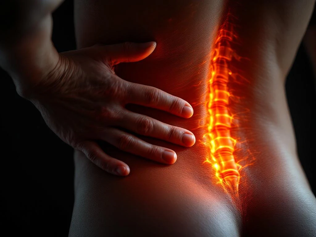 Onderrug met hand op lumbale wervelkolom, oranje-rode gloed toont geknelde zenuw bij wervelkolom