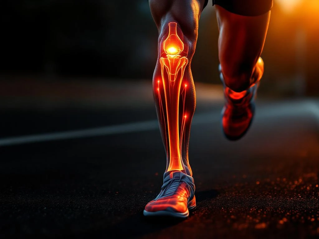 Knie van hardloper in beweging met anatomische overlay die pijnpunten bij runner's knee toont