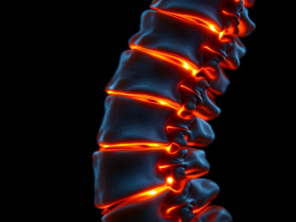 Anatomisch model van lumbale wervelkolom met oranje verlichte wervels tegen zwarte achtergrond