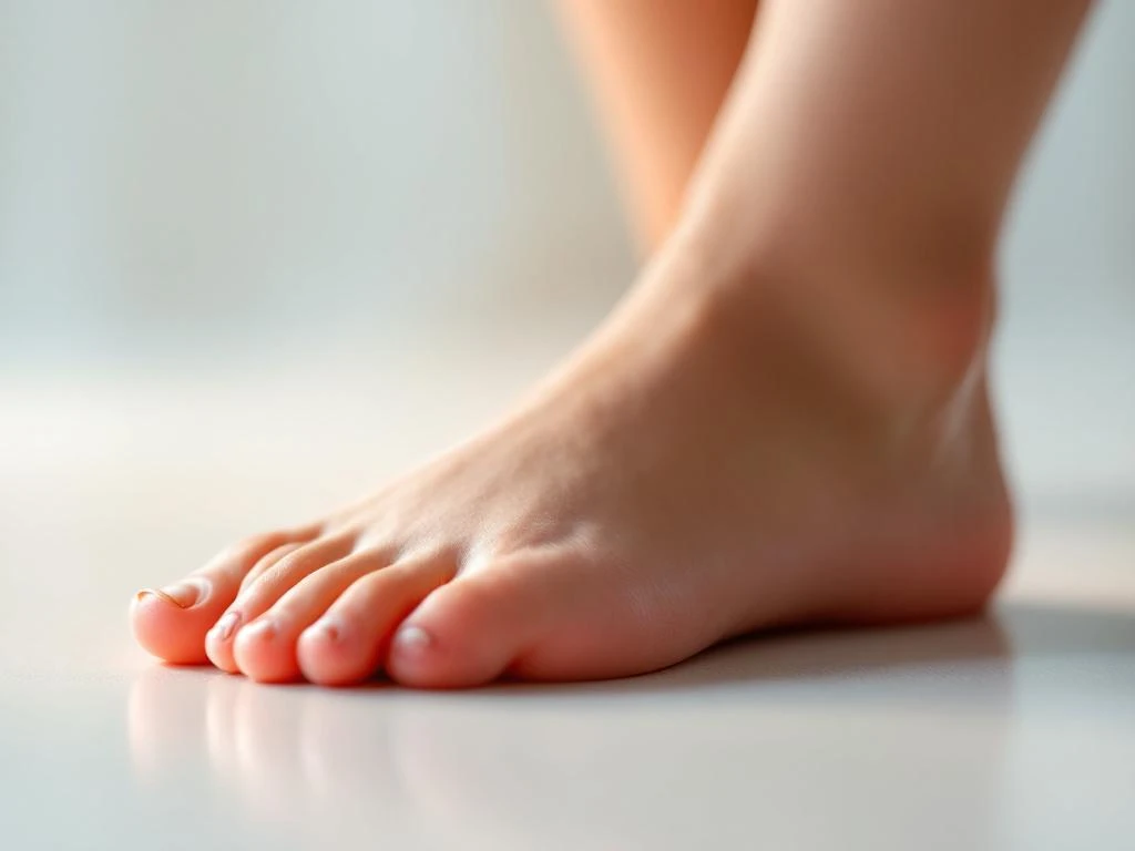 Kindervoetenclose-up met platte voetboog op studiovloer, dramatische zijverlichting met koraalrode accenten
