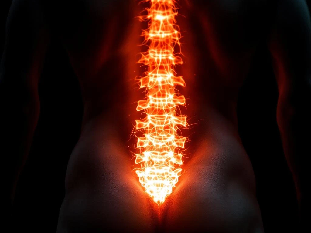 Menselijke onderrug met gloeiende oranje energie rond lumbale wervelkolom tegen zwarte achtergrond