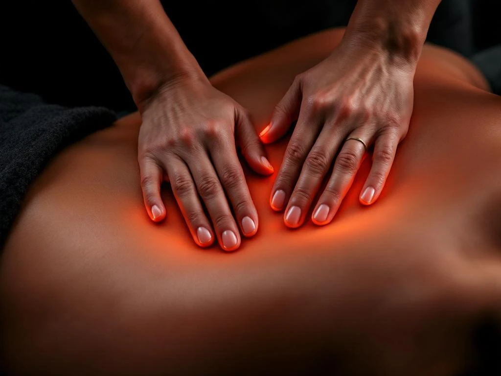 Therapeutische massage van onderrug met professionele handgrepen en warme verlichting op zwarte achtergrond