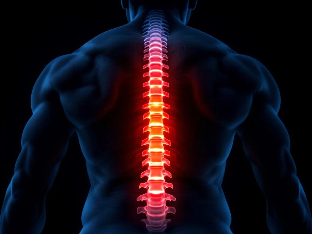 Menselijke onderrug met verlichte lumbale wervelkolom in oranje gloed tegen zwarte achtergrond, fysiotherapie concept