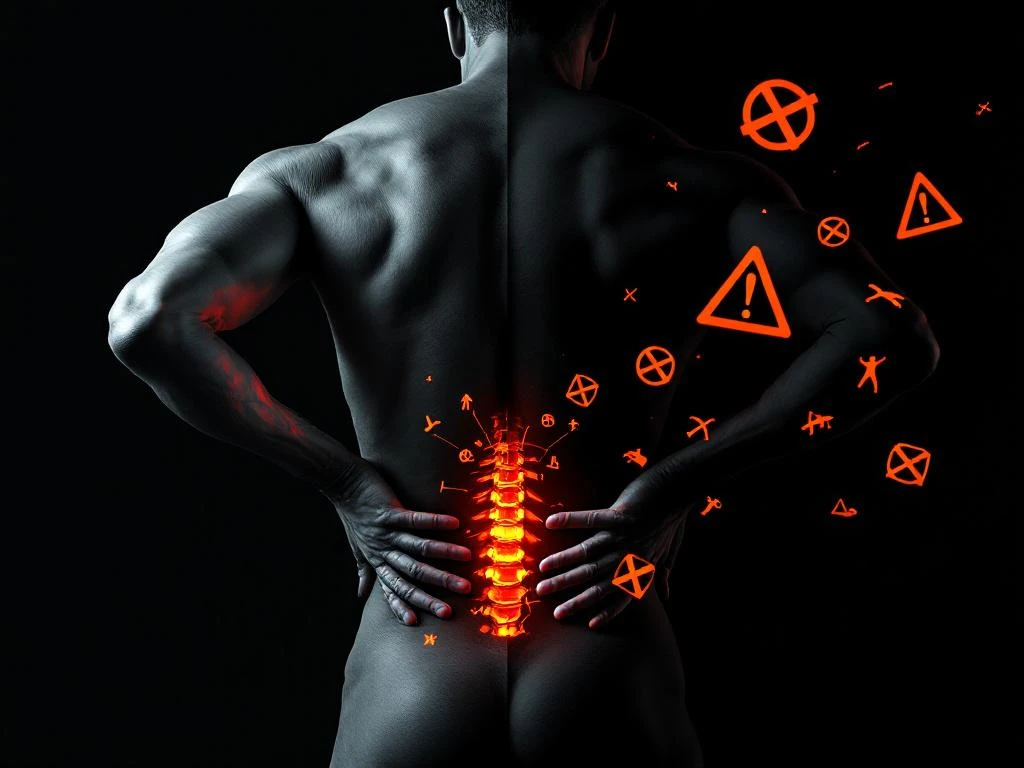 Persoon met gespannen houding grijpt pijnlijke onderrug, oranje waarschuwingssymbolen tonen onjuiste bewegingen
