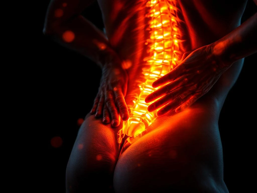 Hand drukt op onderrug met oranje therapeutisch licht dat pijnverlichting en genezing symboliseert op zwarte achtergrond