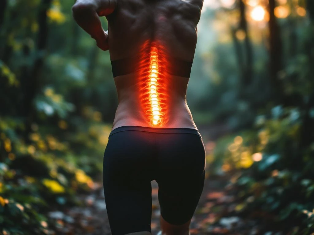 Persoon wandelt op bospad met oplichtende onderrug in oranje, symboliseert pijnverlichting door beweging