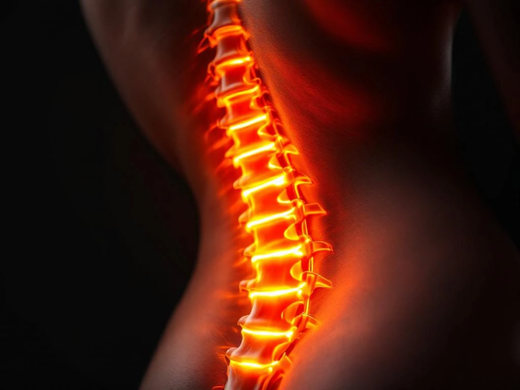 Onderrug met warmtetherapie en oranje-rode verlichting tegen zwarte achtergrond voor pijnverlichting