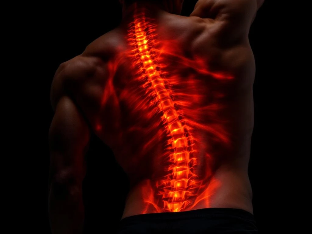 Persoon in diepe rugstrekpositie met oranje zijverlichting die spieren en lumbale curve benadrukt