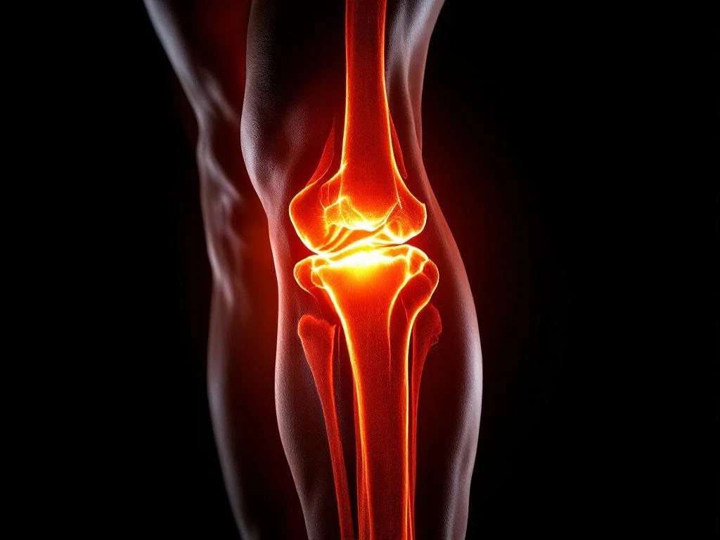 Anatomische close-up van onderbeen met koraal-oranje belichting die scheenbeen benadrukt tegen zwarte achtergrond