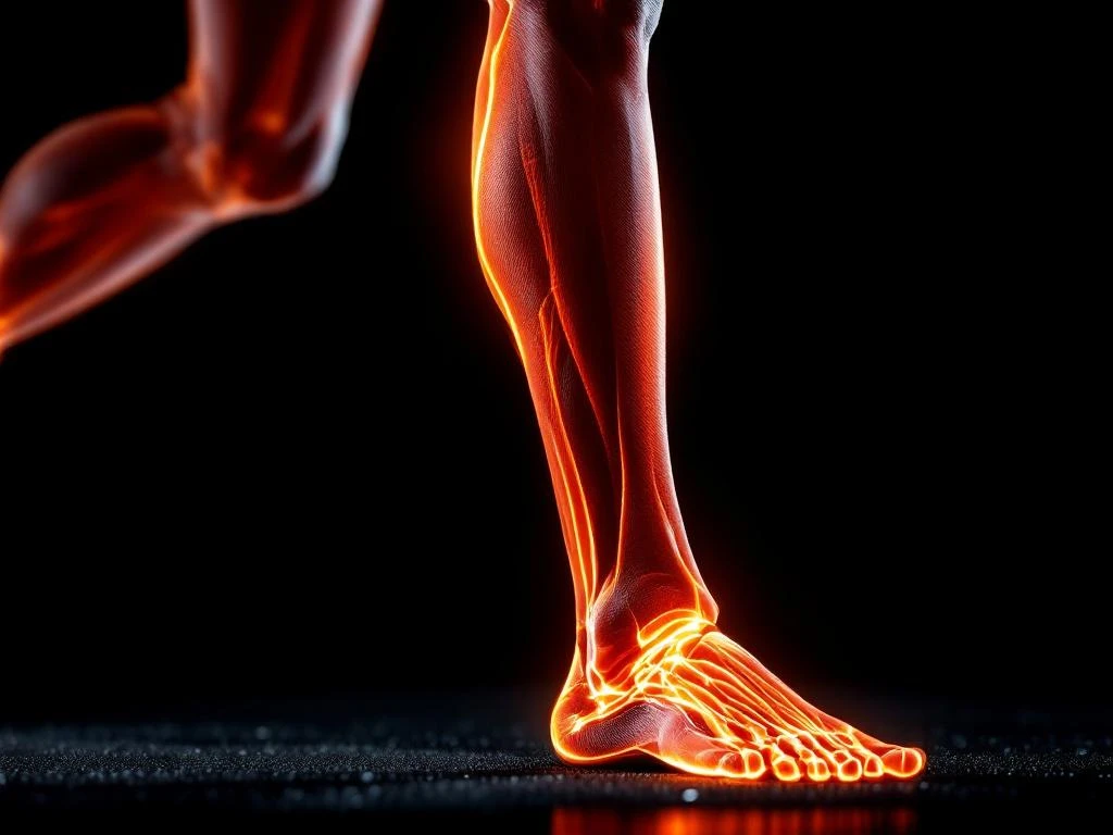 Atletisch onderbeen in beweging met dramatische oranje-rode belichting die scheenbeen en spierdefiniție benadrukt