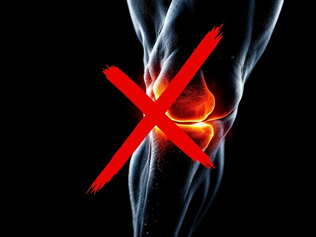 Atletische onderbeen met rood kruis over scheenbeen, waarschuwing voor onjuiste behandeling van scheenbeensplinters