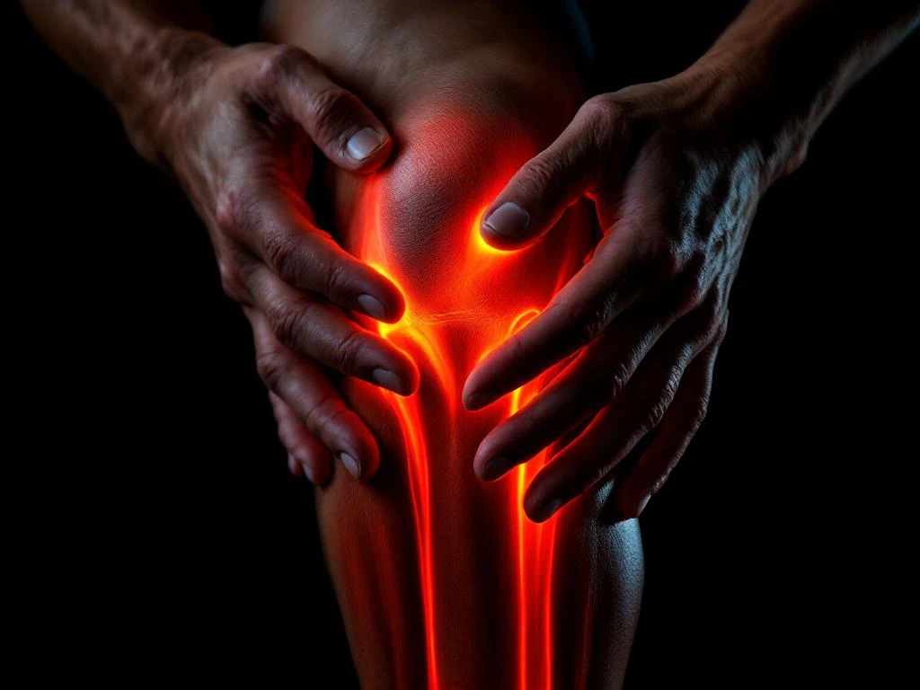 Handen masseren scheenbeen en tibialis anterior spier met oranje accentverlichting op zwarte achtergrond
