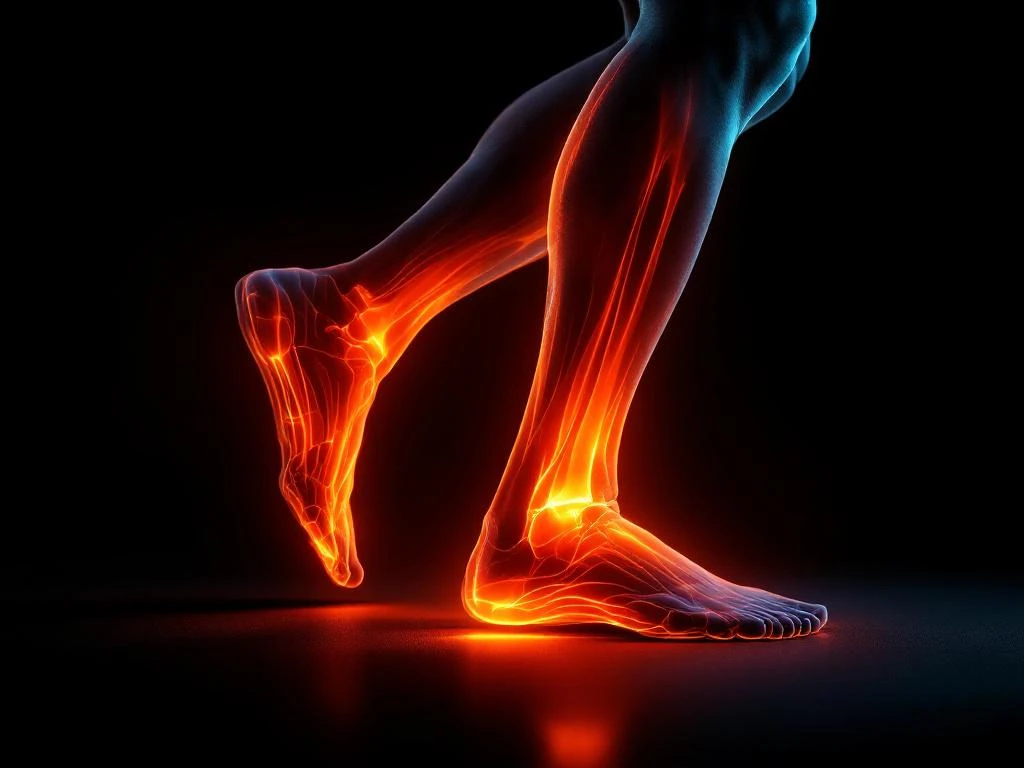 Atleet met beenletsel, oranje anatomische overlay toont ontsteking langs scheenbeen tijdens hardlopen