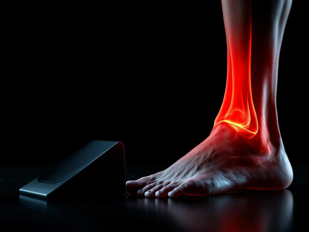 Atletisch onderbeen met oranje gloed op scheenbeen die pijn of ontsteking aangeeft, met ondersteunend hulpmiddel