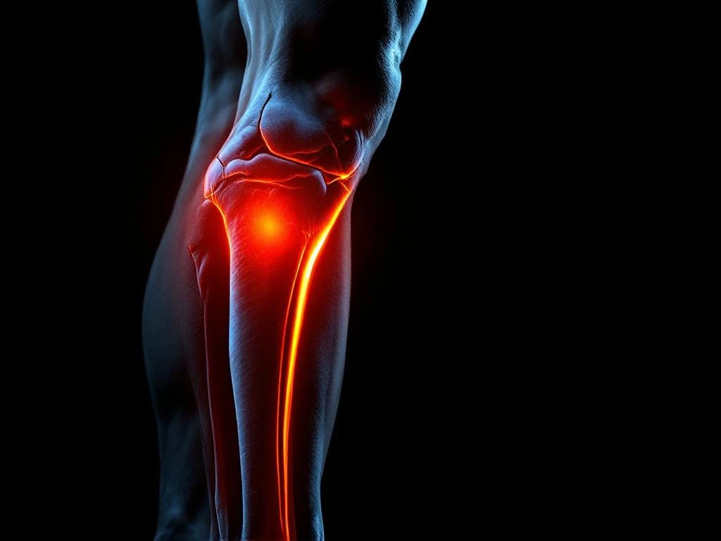 Atletische onderbeen met oranje gloed die scheenbeenontsteking en pijn visualiseert tegen zwarte achtergrond