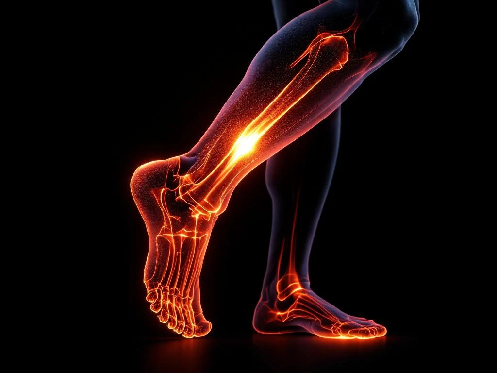 Atletisch onderbeen met verlichte scheenbeenspier en oranje gloed die ontsteking toont tegen zwarte achtergrond