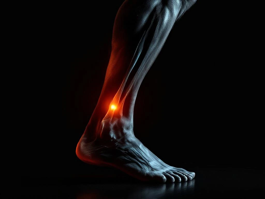 Atletische onderbeen met gespannen kuitspier en oranje verlichte scheenbeen tegen zwarte achtergrond