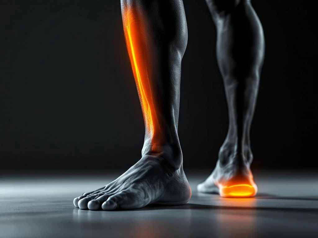 Atletisch onderbeen met oranje gloed op scheenbeen die shin splint ontsteking toont tijdens loopbeweging