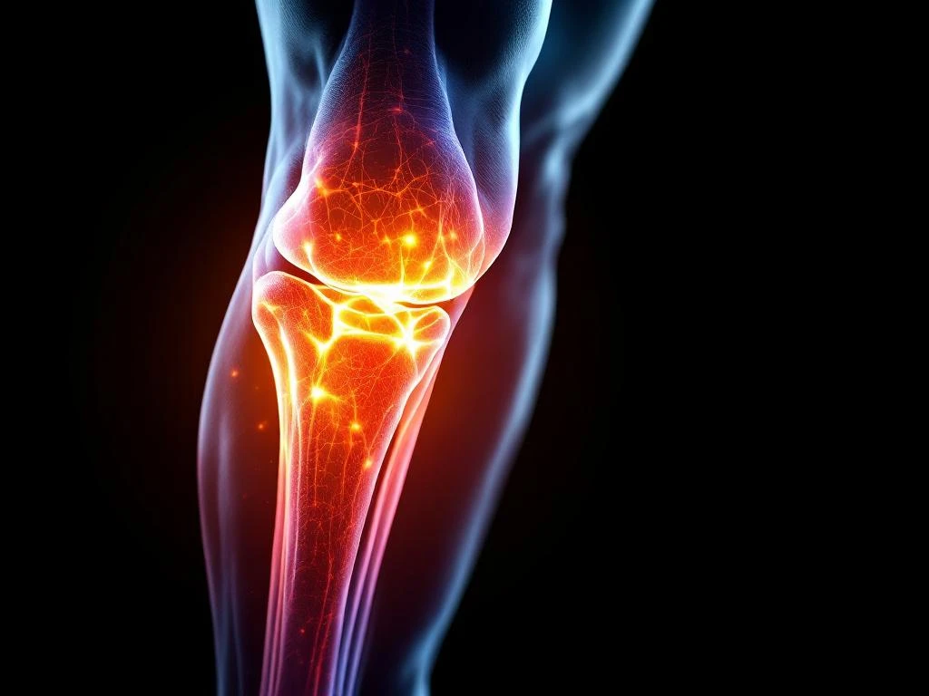 Atletische onderbeen met oranje gloed die ontsteking en pijn in het scheenbeen visualiseert tegen zwarte achtergrond