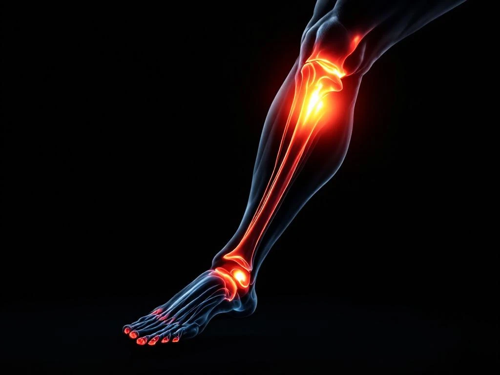 Atletisch onderbeen met oranje verlichte scheenbeen zone die pijn van scheenbeensplinters toont tegen zwarte achtergrond