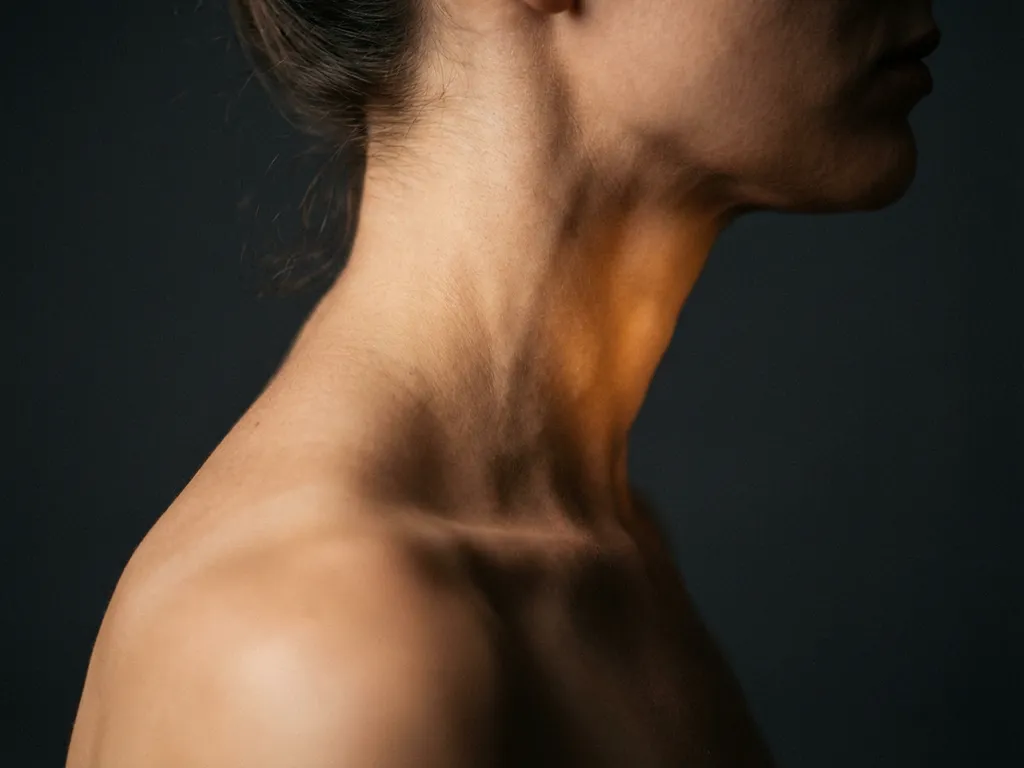 Profiel van nek en schouder met gespannen cervicale spieren en gouden therapeutische gloed, donkere achtergrond
