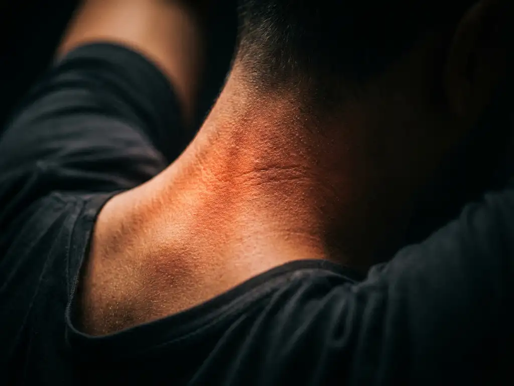 Nek en schouders van achteren met gloeiende roodoranje cervicale wervelkolom die pijn en ontstekking toont