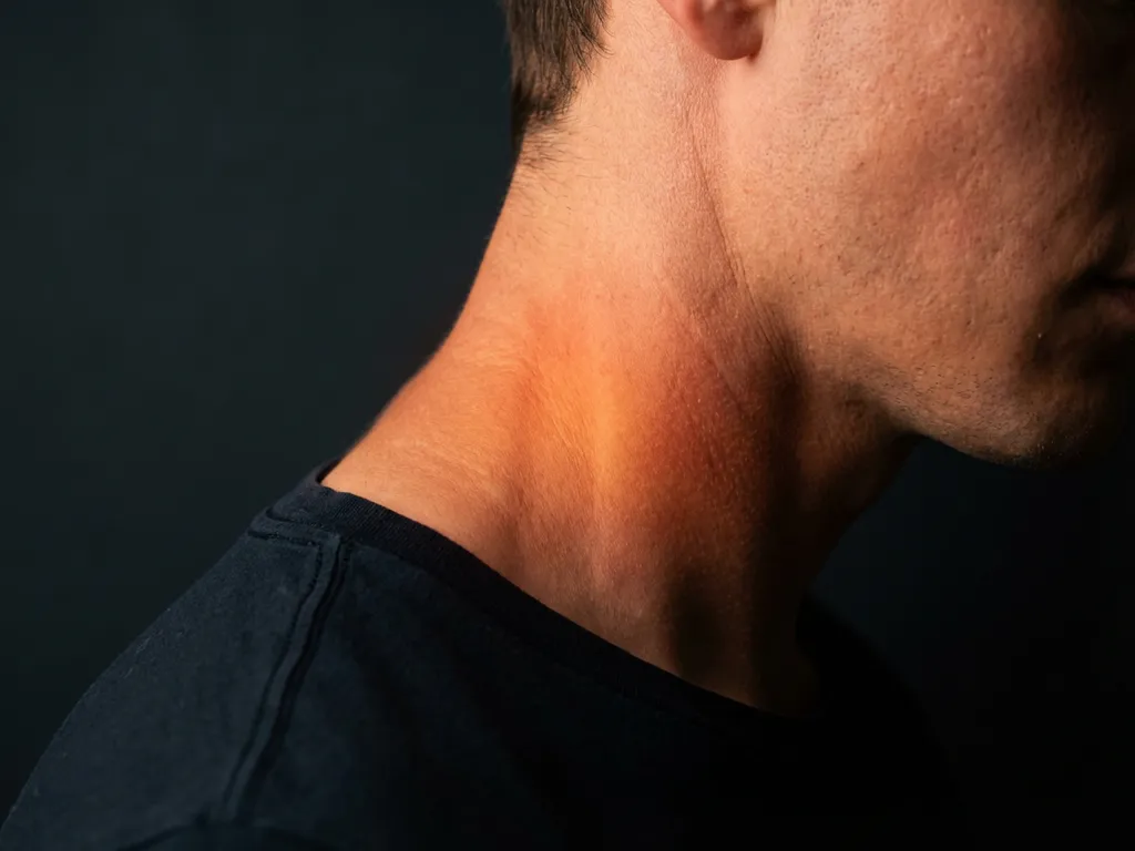 Nek en schouder met warme roodoranje gloed in cervicale wervelkolom die pijn en spanning visualiseert