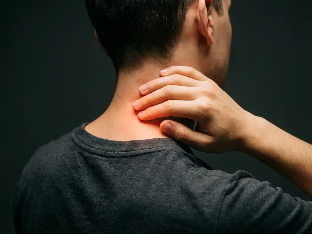 Persoon masseert nek met hand terwijl warme oranje gloed pijnverlichting toont in spierweefsel tegen donkere achtergrond