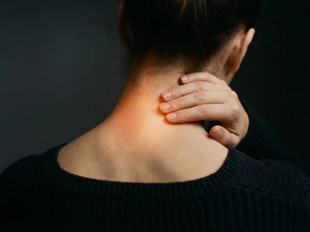 Persoon raakt nekspieren aan met warme roodoranje gloed die pijnverlichting en genezing symboliseert