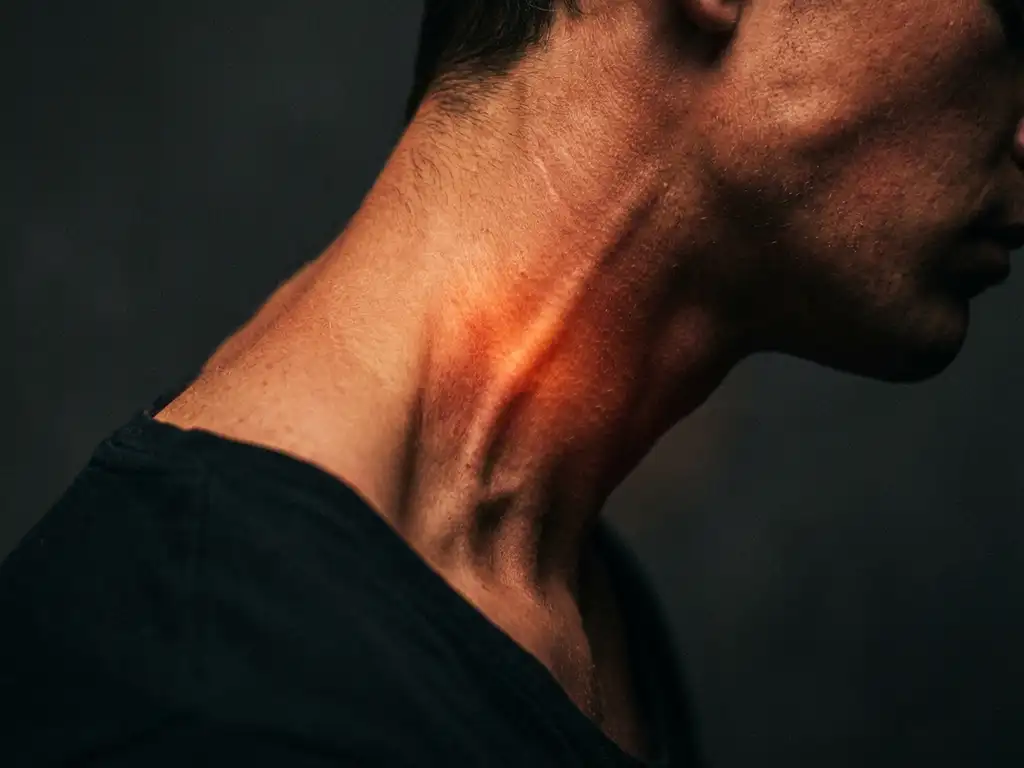 Persoon in profiel met gespannen nekspieren en roodoranje gloed die interne spanning in cervicale weefsels visualiseert