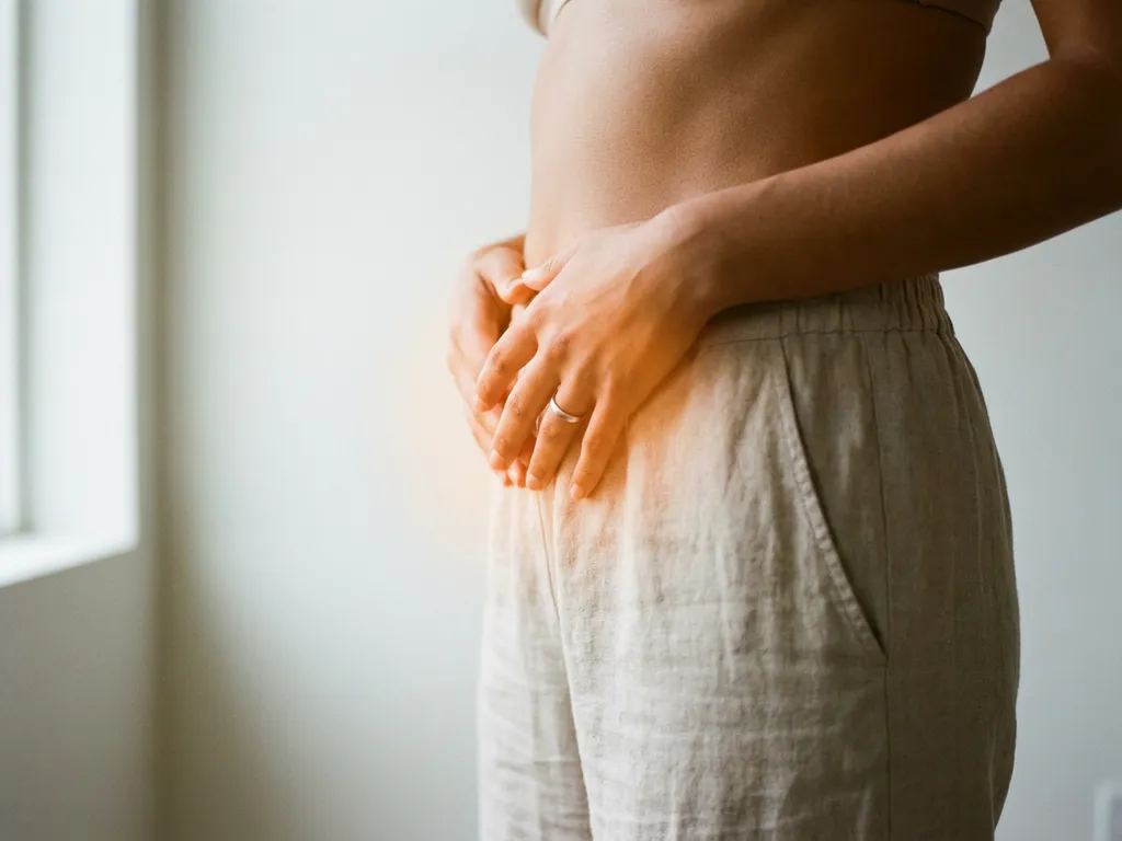 Vrouw houdt handen op bekkengebied met warme gloed, bekkenbodem bewustzijn en genezing concept