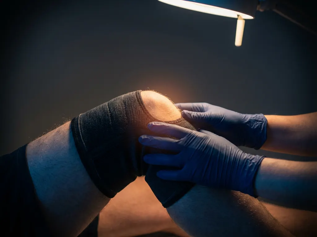 Persoon onderzoekt knie met handen, roodachtige gloed toont pijn of ontsteking, dramatische belichting op donkere achtergrond