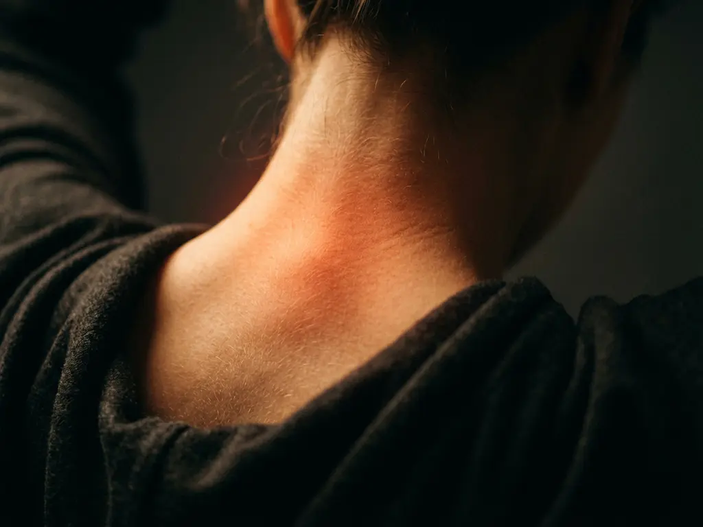 Persoon van achteren gefotografeerd met roodgloeiende pijnzone in nek en bovenrug, dramatische belichting