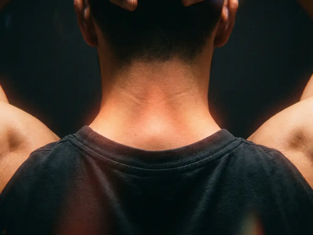 Mannelijke nek en schouders van achteren met rode gloed rond cervicale wervelkolom, dramatische belichting