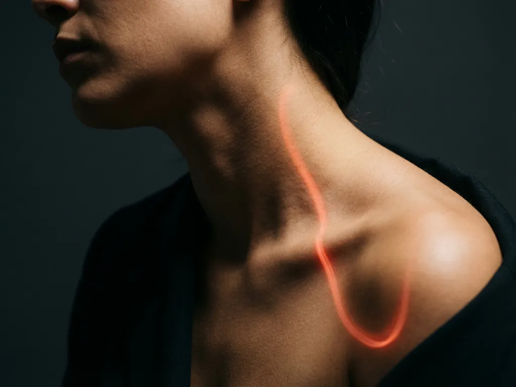 Persoon met gloeiende rood-oranje pijnvisualisatie die uitstraalt van de nekwervelkolom naar schouder en bovenarm