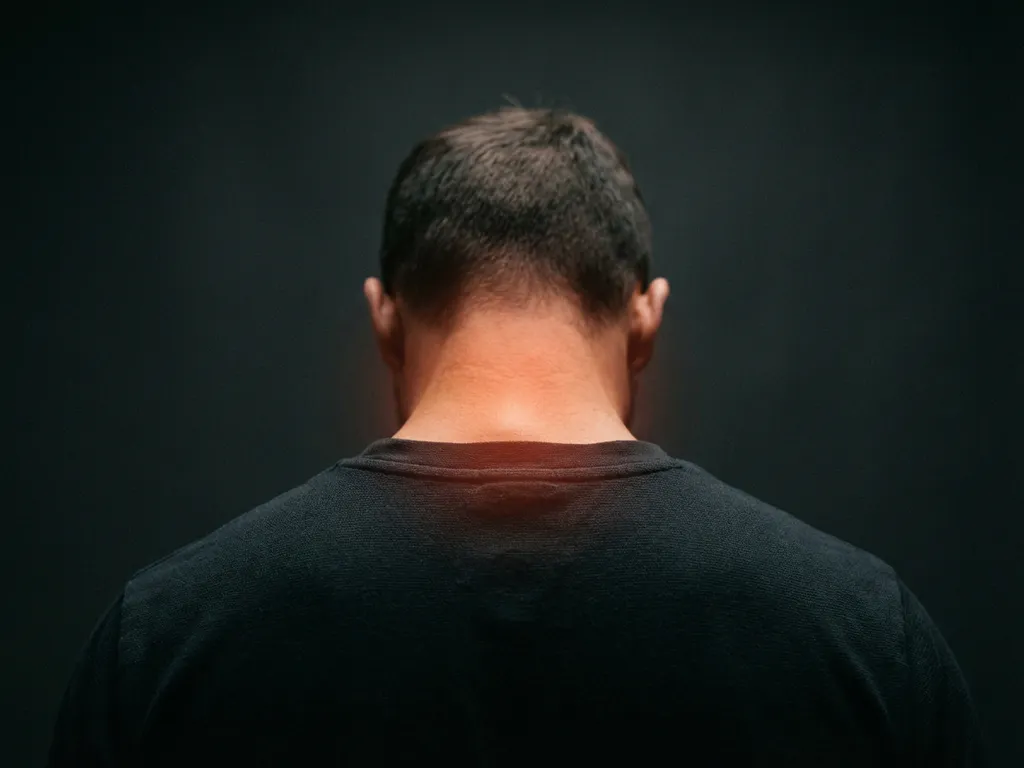 Mannelijke nek en schouders van achteren met gloeiend rood-oranje gebied ter hoogte van de cervicale wervelkolom