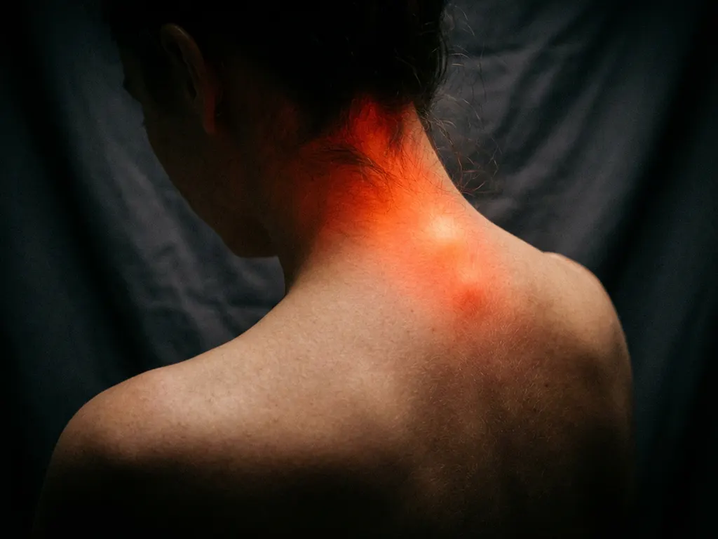 Nek en schouder met rode gloed die cervicale wervelkolom pijn en ontsteking visualiseert tegen donkere achtergrond