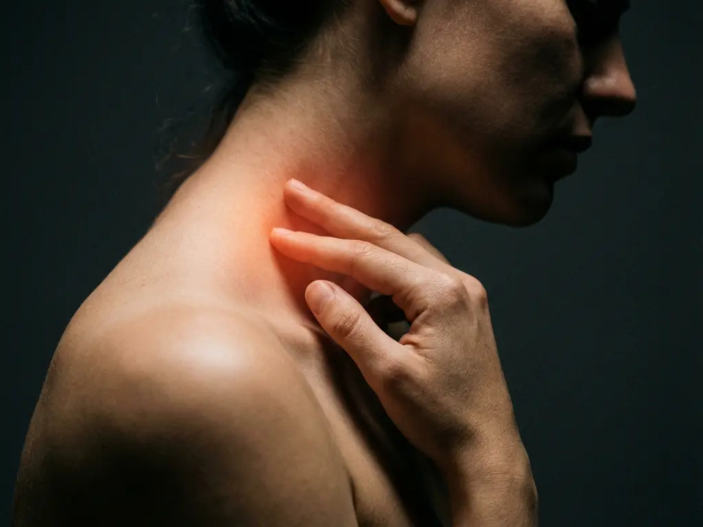 Persoon raakt nek aan met warme roodoranje gloed die pijn en spanning visualiseert tegen donkere achtergrond
