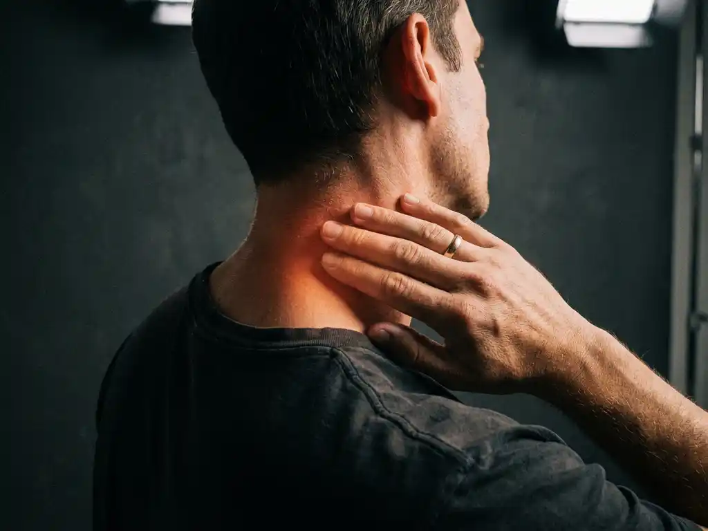 Persoon raakt nek aan met rode gloed die spierspanning toont, dramatische belichting tegen donkere achtergrond