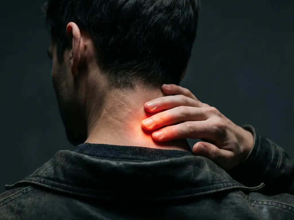 Persoon raakt nekspieren aan met vingertoppen, warme rode gloed toont spierspanning, dramatische belichting op donkere achtergrond