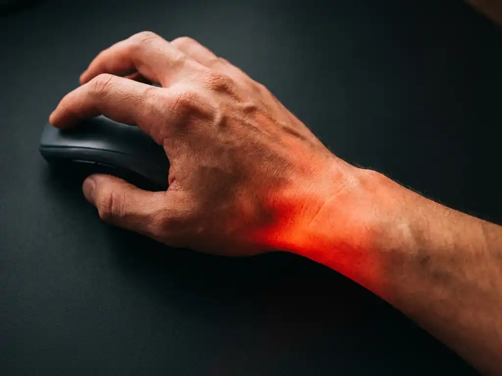 Hand met computermuis toont rode gloed in pols die repetitive strain injury (RSI) symboliseert