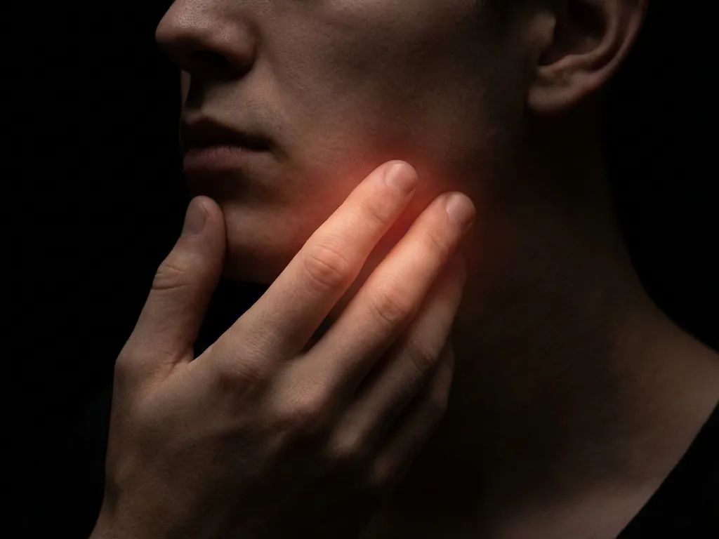 Persoon raakt kaakgewricht aan met warme roodoranje gloed die TMJ-pijn weergeeft tegen zwarte achtergrond