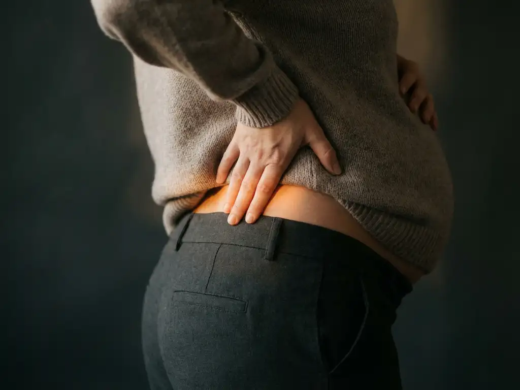 Zwangere vrouw ondersteunt onderrug met hand, warme gouden gloed straalt uit lumbale wervelkolom, zachte belichting